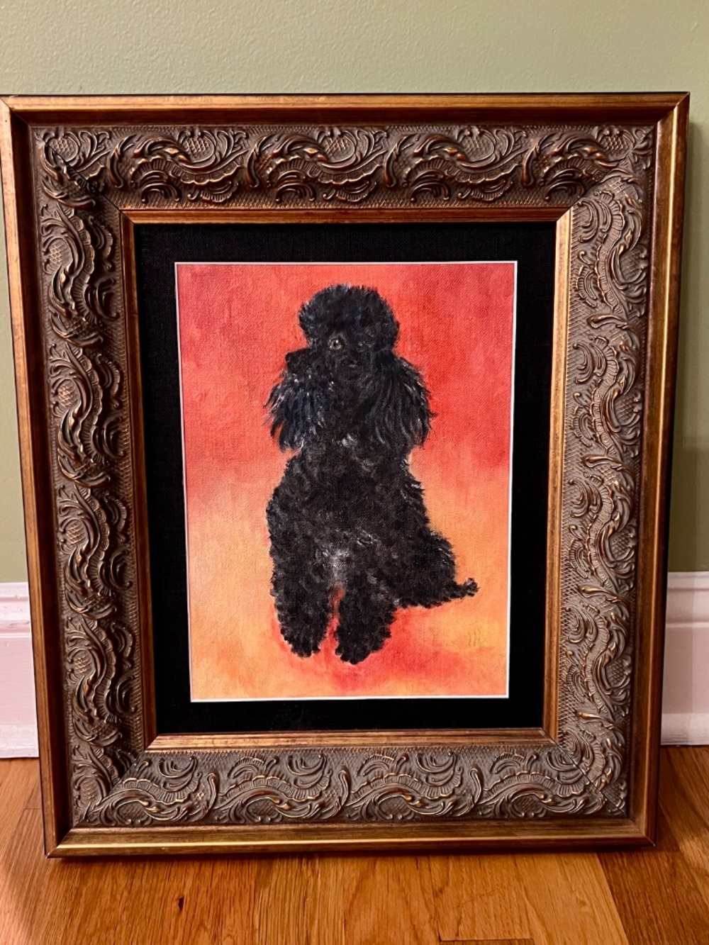 Mid-Century Modern Style Black Toy Poodle Painting on Board in Ornate Frame - Picture 3 of 5